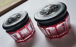 2 Antique Reed Barton Glass Sterling Silver Vanity Jars Ruby Cut To Clear