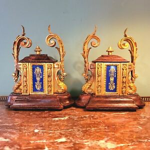 Pair Of Jeweled Mantle Garniture Urns Boxes French Sevres Type 19th Century