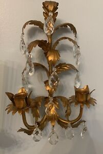 Vintage Gold Gilt Italy Tole Crystal Prisms Wall Sconce Hollywood Regency Style