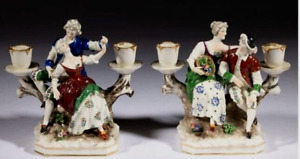 Set Of Antique Continental Porcelain 2 Arm Candleholders Amorous Couples Crown X