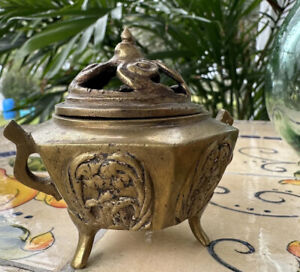 Antique Vintage Chinese Brass Incense Mini 3 Burner W Lid Footed Multipurpose