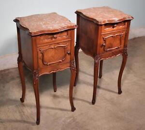 Pair Of Antique French Louis Xv Nightstands In Walnut With Marble Tops