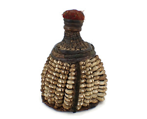 Early 20th C Nigeria Yoruba Ceremonial Rattle Leather Hide Cowrie Shells Velvet