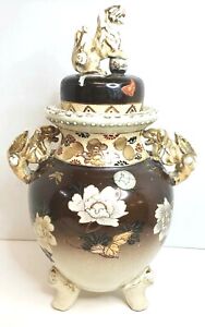 Antique Meiji Satsuma Foo Dog Lion Lidded Jar Japanese Ashes Urn 12 5 