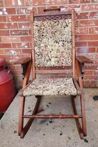 Antique Folding Rocking Chair Floral Needlepoint Seat And Back Carved Wood Accen