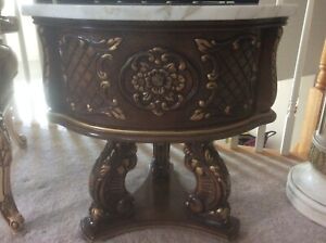 Vintage Marble Top Ornate Carved Wood Lamp Side Table W Drawer