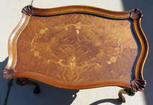 Antique French Hand Carved Walnut Satinwood Inlay Coffee Table
