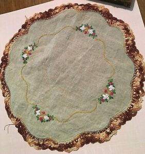 Home Spun Doily 9 3 4 Antique Hand Crochet Edge Floral Embroidery