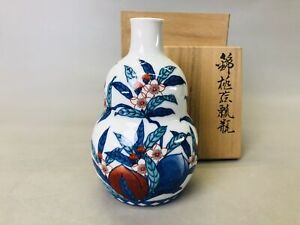Y6452 Flower Vase Nabeshima Ware Color Picture Signed Box Japan Ikebana Antique