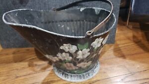 Antique Victorian Tole Fireplace Coal Bucket Hand Painted Violets