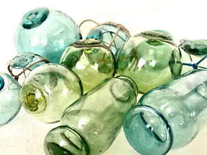 Rare Japanese Antique Glass Fishing Floats 11 Set Vibrant Color Rare Mark