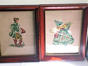 French Couple Petit Point Needlepoint Pictues 7 By 9 Clean