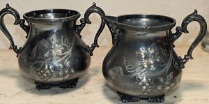 Victorian Webster Silverplate 0684 Creamer Sugar Bowl Etched Grapes Footed 3 D