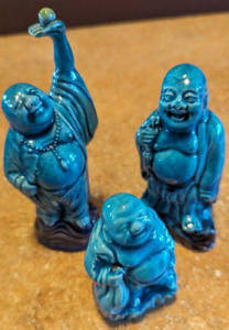 Trio Of Buddha Figurines Chinese Export Antique Turquoise Glaze Nice