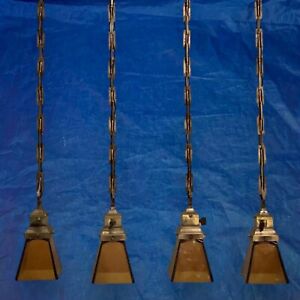 37 Long Set Of 4 Antique Brass Mission Arts And Crafts Pendant Lights Amber 96a