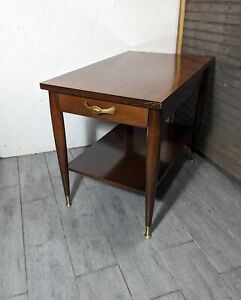 Vintage Mersman Mid Century Modern 2 Tier End Table With Drawer Brass Feet