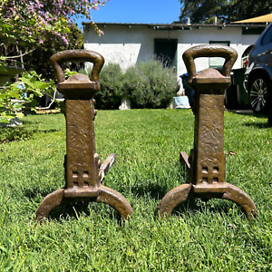 Antique Arts Crafts Mission Iron Pair Of Fireplace Andirons