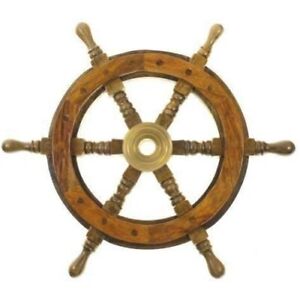 12 Vintage Boat Ship Steering Wheel Brass Hub Wood Wooden Decor Nautical Pirate