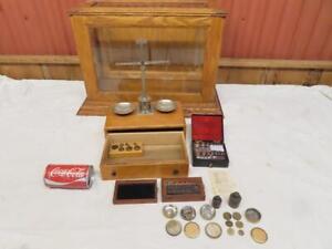 Vintage Apothecary Pharmacist Balance Beam Scale Extra Weights Ohaus Drachm 
