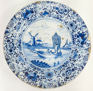 Antique Dutch Delft Faience Charger 18th 19th Century Fishermen With Windmill