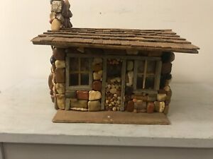 Miniature Wood And Pebble Log Cabin Hand Made Primitive Folk Art Vintage Wood