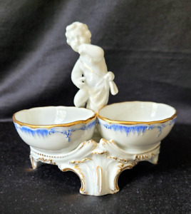 Antique Kpm Salt And Pepper Service With Putti Figurine White And Blue