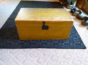 Antique Folk Art Painted Mustard And Blue Dovetailed Wood Blanket Chest