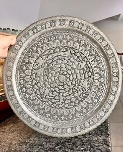 Middle Eastern Silver On Copper Persian 19 Engraved Platter