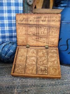 Early Antique Embossed Wood Box With 12 Abc Alphabet Blocks Animal Graphics