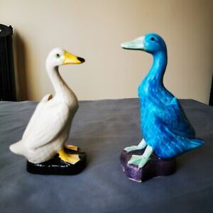 Chinese Porcelain Two Figurine Ducks Turquoise And White Glazed 6 