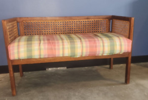 Mid Century Cane Bench Or Sette With Plaid Upholstery