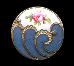 Antique Enamel Button Purple With White Panel And Pink Rose 7 8 