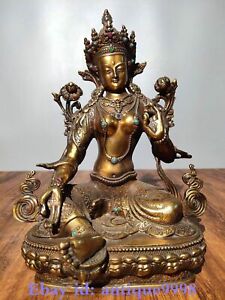 12 2 Old Tibetan Bronze Gilt Gem Green Tara Mahayana Buddhism Goddess Statue