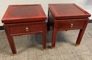 Rare Vintage Thanh Ley Vietnam Pair 19 Red Lacquer Wood Brass Side End Tables