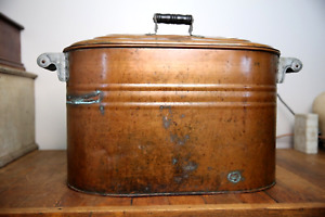 Antique Copper Boiler Cooler Tub Wash Canning Fireplace Lid Wood Handles Nice