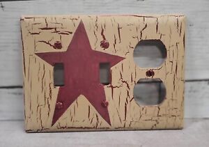 Primitive Crackle Tan Burgundy Star Combo Double Switch Outlet Wall Plate