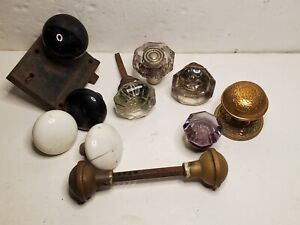 Lot 10 Vintage Door Knobs Glass Brass Stone Various See Pics