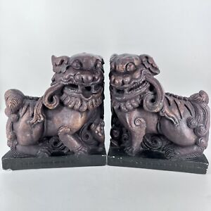 Vintage Feng Shui Fu Foo Dog Lion Guardian Statue Ceramic Bookends Brown Black 2