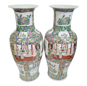 Xxl Pair Vintage Chinese Asian Famille Rose Medallion Porcelain Vases 42 Urns