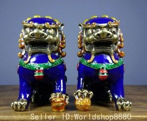 4 8 Ancient China Copper Enamel Foo Fu Dog Guardion Lion Statue Sculpture Pair