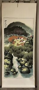 Chinese Hanging Scroll Vertical Landscape Village In Mountains Stamped 76 X 30 