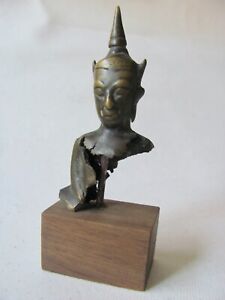 Antique Mounted Bronze Buddha Bust Fragment From Thailand