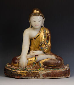 19th C Mandalay Antique Burmese Alabaster Marble Buddha Statue With Gilding