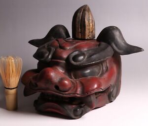 Antique Japanese Lacquerware Lion Head Shishimai Dance Wooden Statue Edo Era