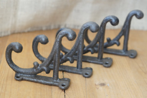 4 Brown Rustic Coat Hooks Antique Style Cast Iron 4 5 Wall Double Restoration 