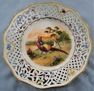 Schumann Bavaria Hand Painted Pheasants Game Bird Pierced Cabinet Plate Antique