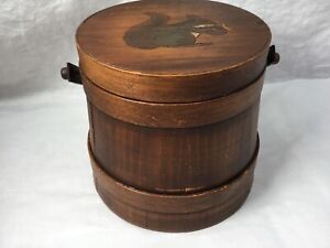 Old Wooden Firkin Mincemeat Or Sugar Bucket With Squirrel On Lid