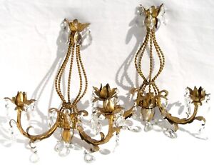 Vintage 13 X 15 Gilt Gold Toleware Candle Wall Sconces W Crystals Italy