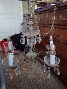 Vintage Painted Bronze Crystal Chandelier Hanging Lamp