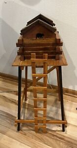 Vintage Handmade Wood Log Cabin Plant Potholder Stand With Bear And Ladder